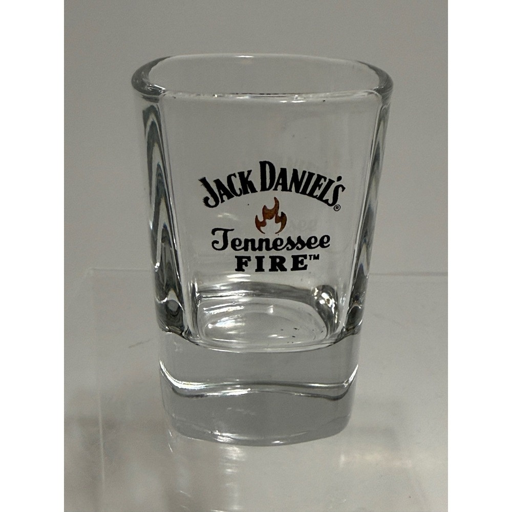 Jack Daniels Tennessee Fire Shot Glass Clear Heavy Square Base Barware Logo